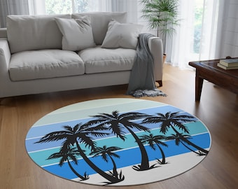 Beach House Round Rug: Coastal Decor, Palm Tree Throw Rug (60x60)
