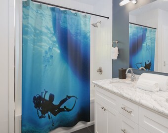 Diver Underwater Shower Curtain for Beach House Bathroom Decor. Unique Diver gift. Salt Water home decor. Unique underwater home goods.