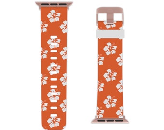 Orange Hibiscus Hawaiian Summer Beach Watch Band for Apple Watch. Summer Vibe Apple Watch Band. Surfer Style Apple Watch Band.