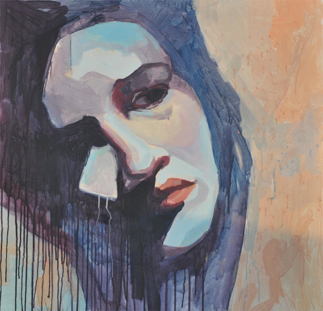 Pintura de una mujer triste con tonos muy cálidos on Craiyon