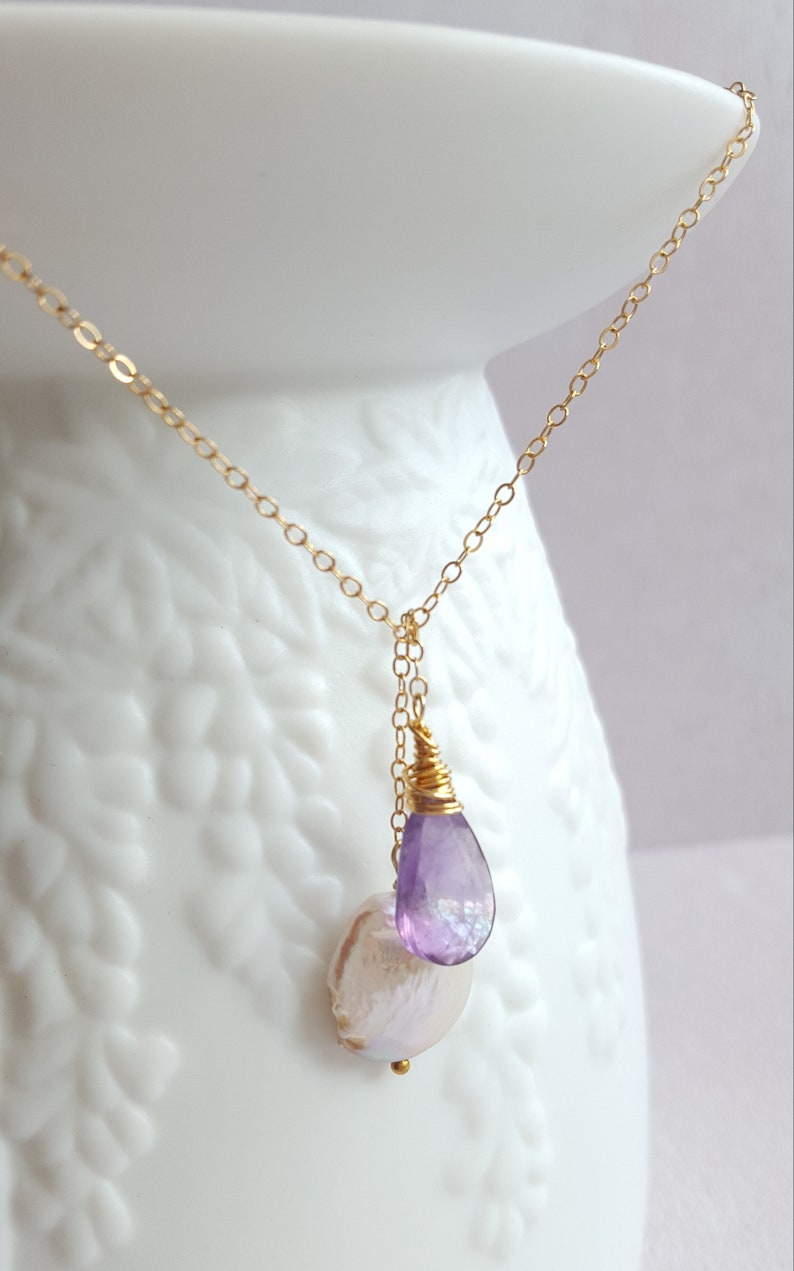 Amethyst and coin pearl lariat necklace gold filled Bridesmaid gift