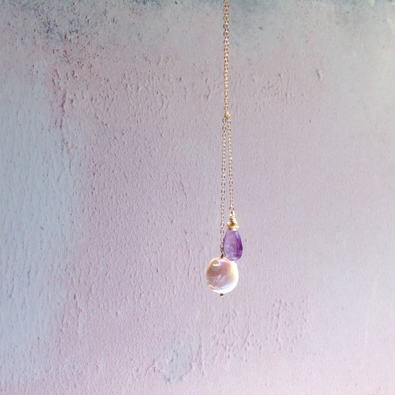 Amethyst and coin pearl lariat necklace gold filled Bridesmaid gift