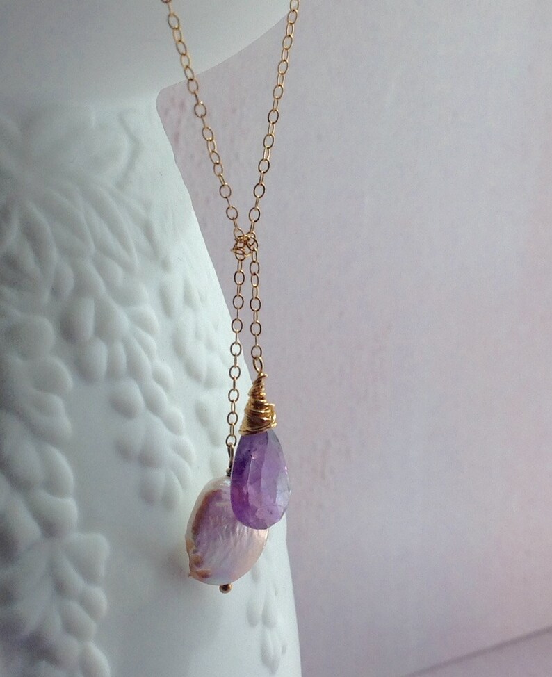 Amethyst and coin pearl lariat necklace gold filled Bridesmaid gift