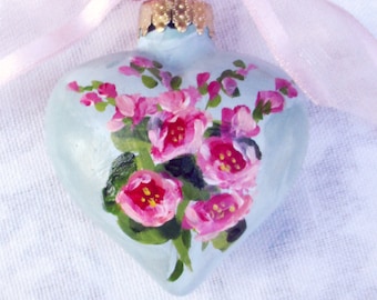 Hollyhocks Heart Ornament ~ Handpainted Hollyhocks ~ Gardeners Gift ~ Vintage Style Ornament ~ Cottage Chic