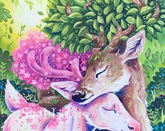 Fiori di cervo, dipinto originale di due cervi con corna fiorite in una foresta, opera d’arte con animali carini, arte dell’orgoglio sottile