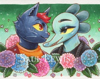 Mae & Bea ~ Disegno originale di una notte nel bosco con tecnica mista
