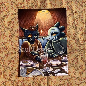 May include: A watercolour illustration of two cartoon characters, a black cat and a blue alligator, sitting at a table with a milkshake and pizza. The cat is wearing a brown sweater and the alligator is wearing a green sweater. The text "Saul Lewis" is written on the table.