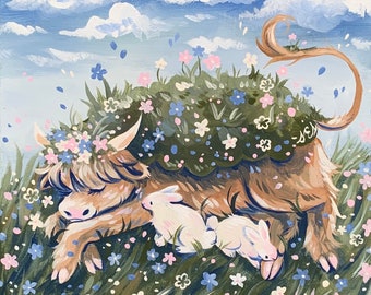 Mucca muschiosa ~ Dipinto originale di una mucca delle Highland con coniglietti in un campo di fiori