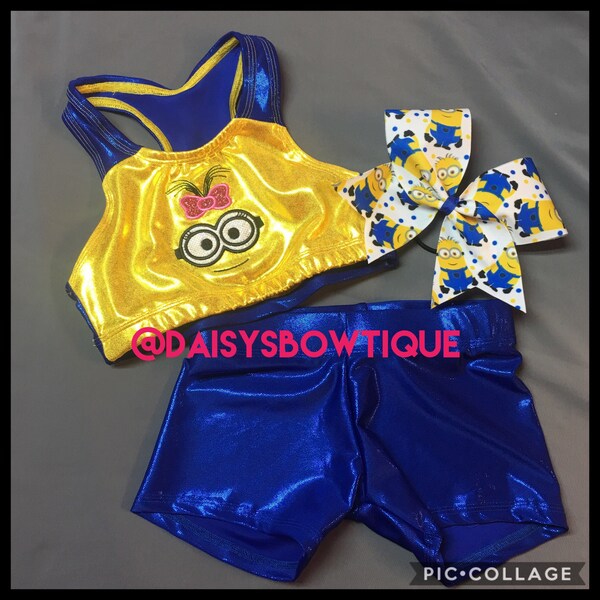 Minion sports bra and matching spanks and bow