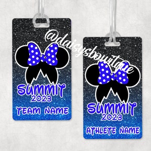 May include: Two rectangular luggage tags with a glittery black and blue gradient background. Each tag features a Minnie Mouse silhouette with a blue polka dot bow, the word "SUMMIT 2023", and space for a team or athlete name.