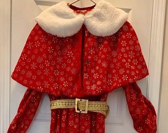 Mrs Claus Outfit,Costume Red Velvet w SnowFlakes,Faux Fur Collar, & Matching Faux Fur Trimmed Cape, Head Band with Pin  Cape Size10-14