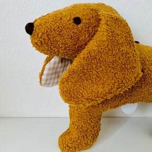 Organic dachshund from Munich, music box, cuddly toy for birth, baptism Vichy-Karo beige