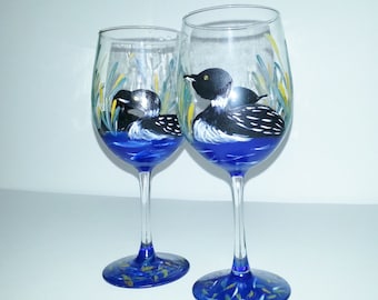 Hand-Painted Loon Wine Glass: Lake Cabin Decor