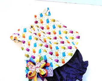 Summer Popsicle Baby Girl Outfit, Purple Bubble Shorts, Matching Headband