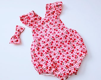 Baby Girl Cherry Gingham Romper: Ruffle Playsuit Outfit