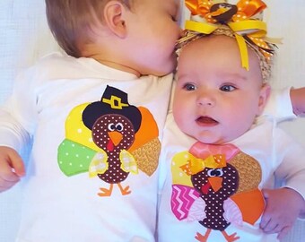 Appliqued Turkey Baby Bodysuit, Thanksgiving Outfit