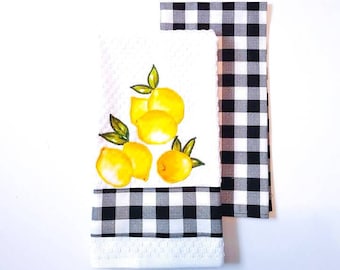 Lemon Applique Kitchen Towel: Buffalo Plaid Farmhouse Decor