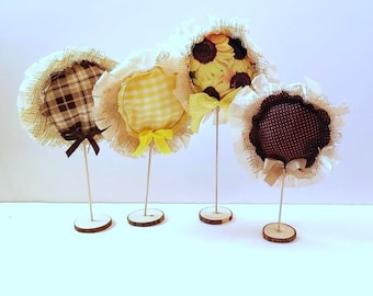 Handmade Fabric Sunflower on Wooden Stand: Farmhouse Tier Tray Decor
