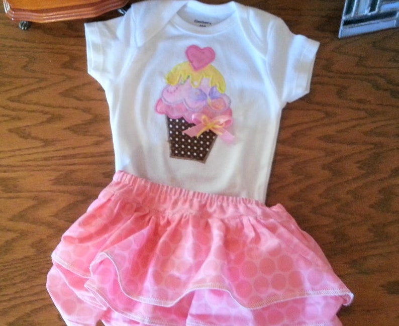 Infant Girl Clothes Infant Girl Summer Outfit Cake Smash Outfit Cupcake Personalized Shirt Bodysuit Ruffle Bloomers Cupcake Party Shirt