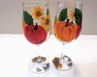 Apple Wine Glass - Pumpkin Sunflower Fall Hand-Painted