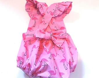 Baby Girl Pink Flamingo Ruffle Bubble Romper, Handmade Summer Baby Outfit, Photo Prop