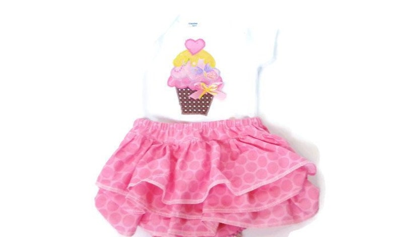 Infant Girl Clothes Infant Girl Summer Outfit Cake Smash Outfit Cupcake Personalized Shirt Bodysuit Ruffle Bloomers Cupcake Party Shirt