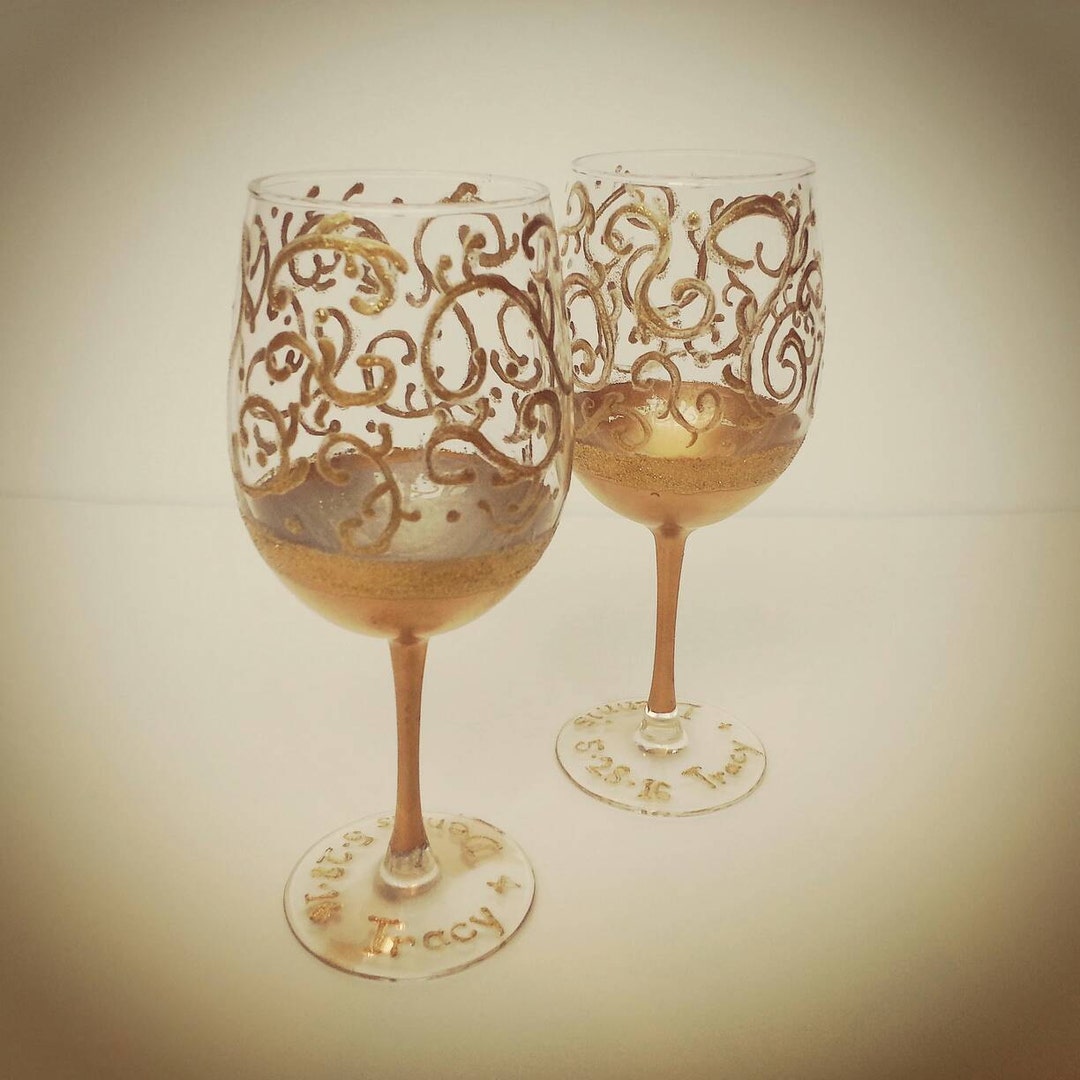 Gold Wedding Wine Glasses Custom Handpainted Great Gatsby Wedding Gold
