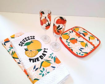 Citrus Kitchen Decor, Orange Tea Towel Hot Pad Set for Gift Giving Kitchen Accessories