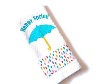 Spring Umbrella Appliqued Kitchen Towel, Waffle Weave Dish Towel