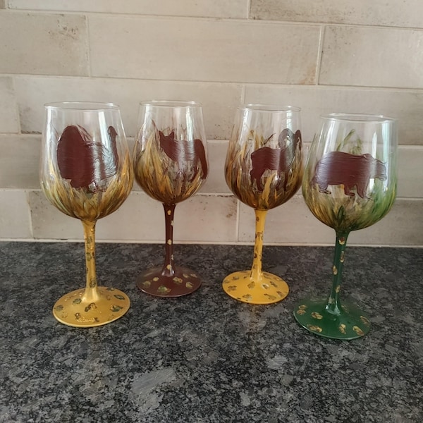 Hand Painted Wildlife Wine Glass: Deer, Bear, Moose, Fox, Bighorn Sheep, Turkey