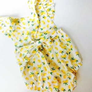 Lemon Baby Romper, Baby Girl Summer Outfit, Lemonade Stand Birthday, Infant Girl Romper, Baby Sunsuit, Fruit Birthday, Summer Clothes