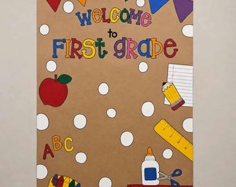 Hand-painted First Grade Welcome Banner, Apple Ruler Classroom Decor