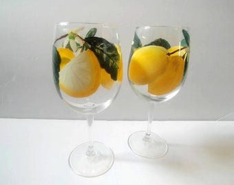 Hand Painted Lemon Wine Glass, Hostess Gift