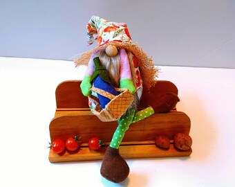 Eggplant Gardener Harvest Gnome: Scandinavian Farmhouse Tiered Tray Decor