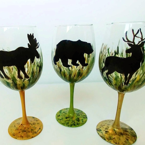 Hand Painted Wildlife Wine Glass: Deer, Bear, Moose