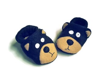 Black Bear Fleece Baby Booties: Soft Sole Animal Shoes