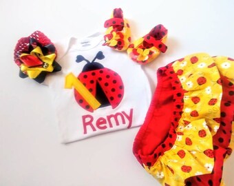 Ladybug Baby Outfit: Ruffled Diaper Cover Set, Shoes & Headband