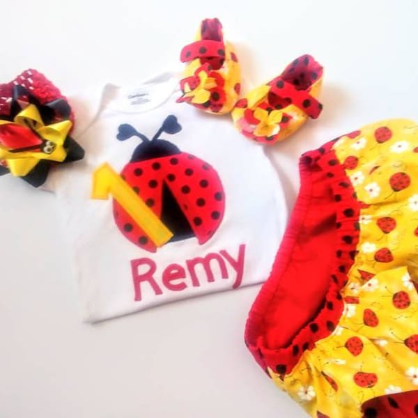 Baby Girl Ladybug Outfit, Ruffled Diaper Cover Set, Girl 1st Birthday, Summer Infant Girl Clothes, Bloomer, Shoes, Headband