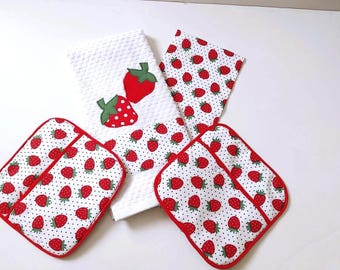 Strawberry Tea Towel Set: Waffle Weave Cotton Kitchen Decor