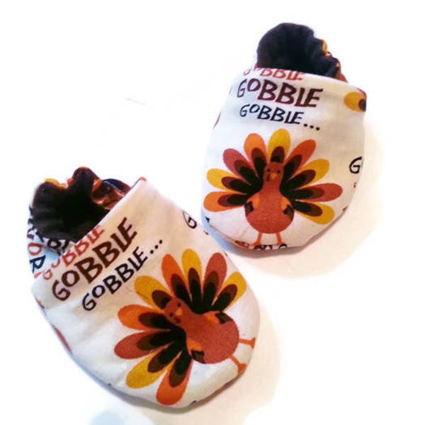 Thanksgiving Baby Booties, Gobble Till You Wobble, Turkey Soft Sole Shoes  Fall Harvest Orange Brown Lined Slipper