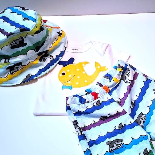 Baby Shark Outfit, Beach Clothes, Infant Ocean Bodysuit, Summer Boy Clothes, Reversible hat, Personalized Baby, Under the Sea Birthday Party