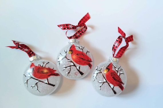 Hand Painted Cardinal Ornament: Winter Scene, Bird Collectible