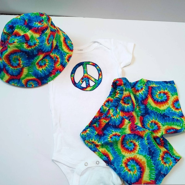 Tie Dye Peace Baby Outfit, Hippie Love Rainbow Baby Boy Summer Clothes, Beach Vibes, Reversible Bucket Hat, Peace Spiral Onesie, Groovy Dude