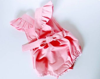 Pink Baby Romper: Handmade Blush Playsuit with Flutter Sleeves
