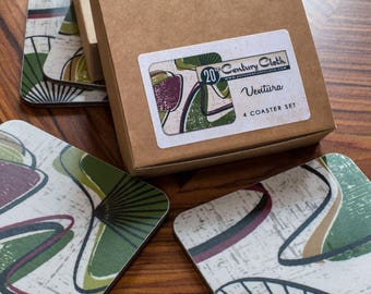 Boxed set of 4 Mid century style coasters | green boomerang design | cork backed melamine | Retro coasters | 1950's style