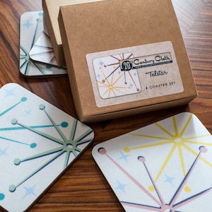 Mid Century Melamine Coasters: Atomic Starburst Design, Boxed Set of 4