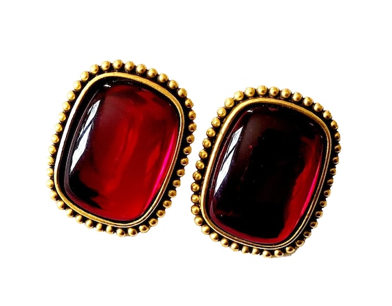 Vintage YSL Yves Saint Laurent Red Glass Cabochon Antiqued Gold Clip-On Earrings