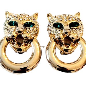 Vintage Crystal Panther Cougar Clip-On Door-Knocker Earrings
