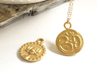 Gold Coin OM necklace, Double sided OM and Lotus necklace, Om Medallion Necklace, AUM Necklace, Yoga Jewelry, Spiritual Jewelry