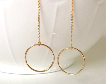 Circle Earrings, Gold Filled Open Circle Threader Earrings, Long Circle Earrings, Bohemian Jewelry, Dangle Circle Earrings, Gift For Her